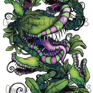 Carnivorous Plant Cartoon Drawing Blank Notecard, Encre Artwork of a Venus Flytrap Alien Plant like Audrey II Little Shop of Horrors Botanical