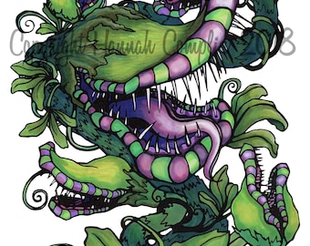 Carnivorous Plant Cartoon Drawing Blank Notecard, Ink Artwork of a Venus Flytrap Alien Plant like Audrey II Little Shop of Horrors Botanical
