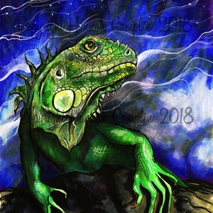 Iguana Pop Art Marcatore Digitale Bianco Notecard, Iguana Pittura Wall Art, Lizard Reptile Decor, Iguana Ritratto, Reptile Regalo