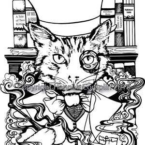 Cat Coloring Page Top Hat Cat by Hannah Complin PDF Download 1 Extra Free PDF Illustration Artwork Nerd Feline Steam Punk Smoking image 1