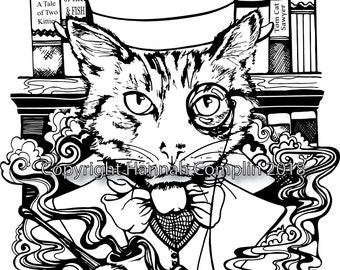 Cat Coloring Page Top Hat Cat by Hannah Complin PDF Download + 1 Extra Free PDF Illustration Artwork Nerd Feline Steam Punk Smoking