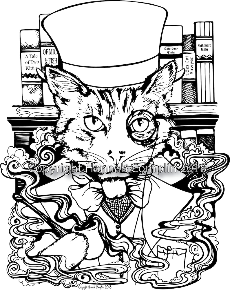 Cat Coloring Page Top Hat Cat by Hannah Complin PDF Download 1 Extra Free PDF Illustration Artwork Nerd Feline Steam Punk Smoking image 1
