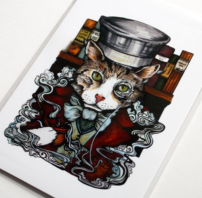 Cat Card Pop Art Pirate Kitty, Top Hat, Punk Rock, Flapper, Wizard, Pet Art Portrait, Cat Lover Gift Funny Cartoon Sphinx Top Hat Cat