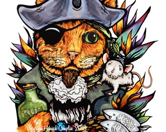 Pirate Singer Cat Digital Print, Cat Drawing, Cat Wall Art, Pop Art Buckaneer Swashbuckler Jack Sparrow Kitty Illustration Poster Funny
