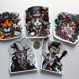 Cat Sticker 5 Pack Pop Art Pirate Kitty, Top Hat, Punk Rock, Flapper, Wizard, Pet Art Portrait, Cat Lover Gift Funny Cartoon Sphinx