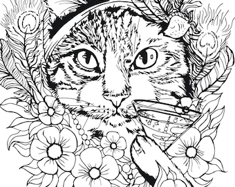 Coloring Page Flapper Cat by Hannah Complin PDF Download + 1 Extra Free PDF Illustration Artwork 1920s Feline Flowers Cute Champagne Tabby