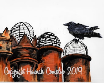 Crow on a Rooftop "Chimney Sweep" Digital Giclee Print, Raven Art, Crow Print, Bird Ink Artwork Drawing Brush Painting