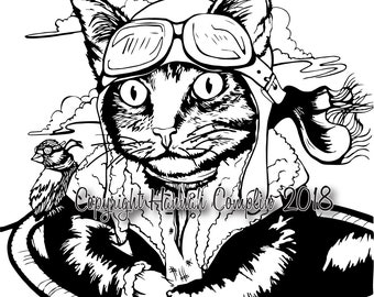 Pilot Cat Coloring Page by Hannah Complin PDF Download + 1 Extra Free PDF Illustration Artwork Airplane Amelia Earhart Flying Cat Plane