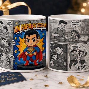 Puede incluir: Taza de cerámica blanca con diseño de cómic. La taza presenta una ilustración de superhéroe y el texto "Un Papa de Otro Mundo". También incluye el texto "Feliz Dia del Padre".