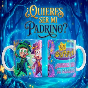 Puede incluir: Taza de cerámica con asa blanca, con personajes de la serie animada The Fairly OddParents. La taza tiene un diseño envolvente con el texto "¿Quieres Ser Mi Padrino?" y personajes de dibujos animados. El fondo es una escena de bosque azul.