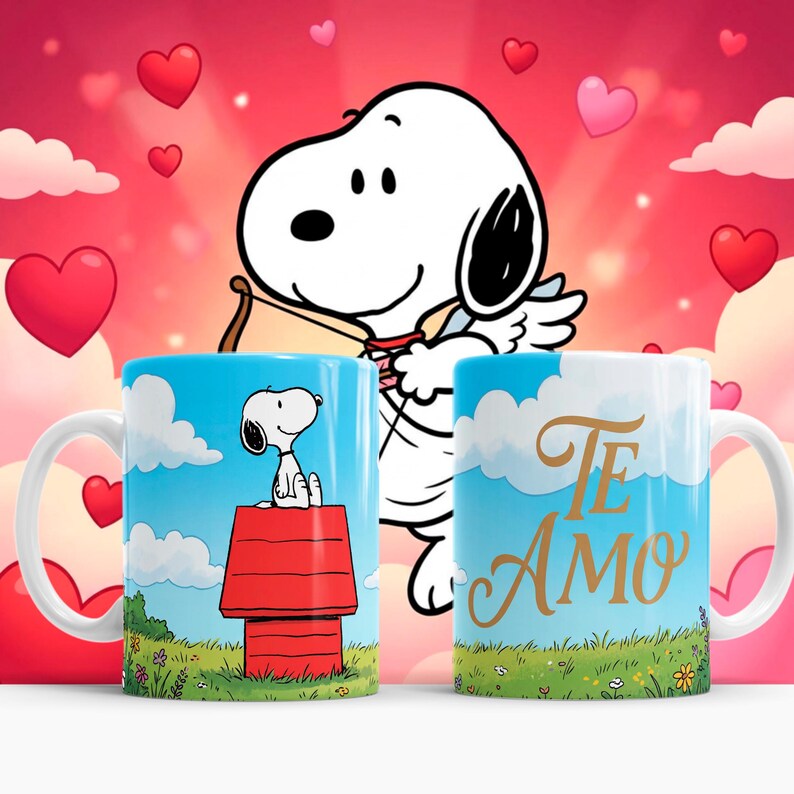 May include: Two white ceramic mugs with Snoopy designs. One mug features Snoopy on his doghouse, the other has "Te Amo" in gold script. The background is a sky with clouds and hearts.