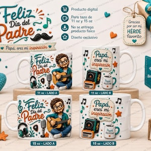 Puede incluir: Diseño digital para tazas de 11 oz y 15 oz con un hombre de caricatura tocando la guitarra, auriculares, micrófono y radio vintage. El texto dice Feliz Día del Padre, Papá, eres mi inspiración y Papá ROCKSTAR, junto a corazones y notas musicales decorativas.