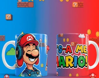 Retro Plumber Gamer Mug Wrap PNG – It’s A Me Inspired Funny Gaming Design – 11oz Sublimation Mug Wrap 21x9 cm – Instant Download