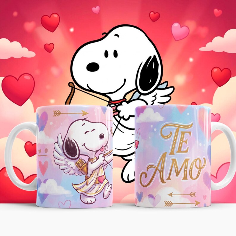May include: Two white ceramic mugs with Snoopy-themed designs. One mug features Snoopy as Cupid with a bow and arrow, the other has the words "Te Amo" in gold lettering. The mugs have a pink and blue watercolor background with hearts.
