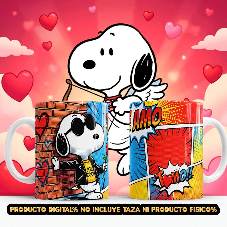 May include: Two white ceramic mugs with Snoopy designs. One mug features Snoopy in a leather jacket and sunglasses, the other says "AMO" in a comic book style. The background is pink with hearts.