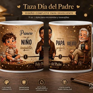 Puede incluir: Taza de cerámica blanca con un diseño marrón que presenta ilustraciones de un niño, un hombre y un anciano. La taza tiene texto en español, incluyendo "Taza Día del Padre". Capacidad: 325 ml.