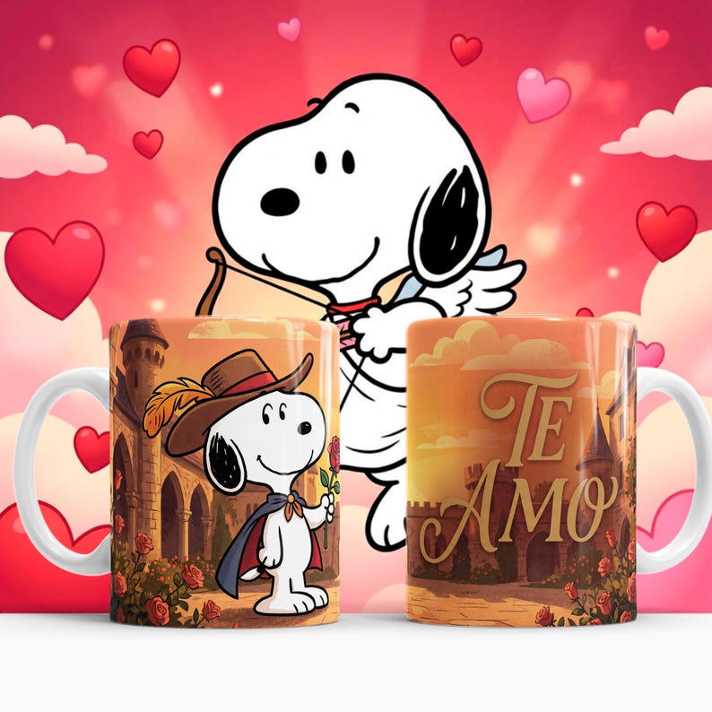 May include: Two white ceramic mugs with Snoopy designs. One mug features Snoopy in a hat and cape holding a rose, the other says "Te Amo" in gold lettering. A Snoopy cupid hovers above, with a pink heart background.