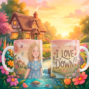 Puede incluir: Dos tazas de café con asa blanca y un diseño caprichoso. Una taza presenta a una niña con un vestido azul, mariposas y flores. La otra taza tiene las palabras "I LOVE DOWN" con detalles florales y de mariposas. El fondo muestra una cabaña y un paisaje colorido.