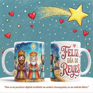 Puede incluir: Dos tazas de cerámica blanca con ilustraciones coloridas. Una taza presenta a los Reyes Magos, la otra dice "Feliz Día de Reyes". El fondo tiene corazones, estrellas y una estrella fugaz. Las tazas tienen asas blancas.