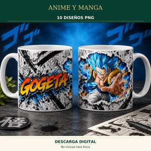 Puede incluir: Dos tazas de cerámica blanca con gráficos de estilo anime. Una taza muestra el texto GOGETA en letras amarillas y naranjas sobre un fondo de panel de manga en blanco y negro. La otra taza muestra un personaje de pelo azul en pose dinámica.