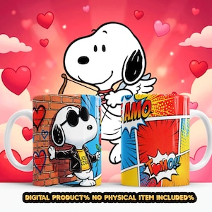 Puede incluir: Dos tazas de cerámica blanca con diseños de Snoopy. Una taza presenta a Snoopy con una chaqueta de cuero negra y gafas de sol, con el texto "JOE COOL". La otra taza tiene gráficos de estilo cómic con la palabra "AMO". El fondo es rosa con corazones.