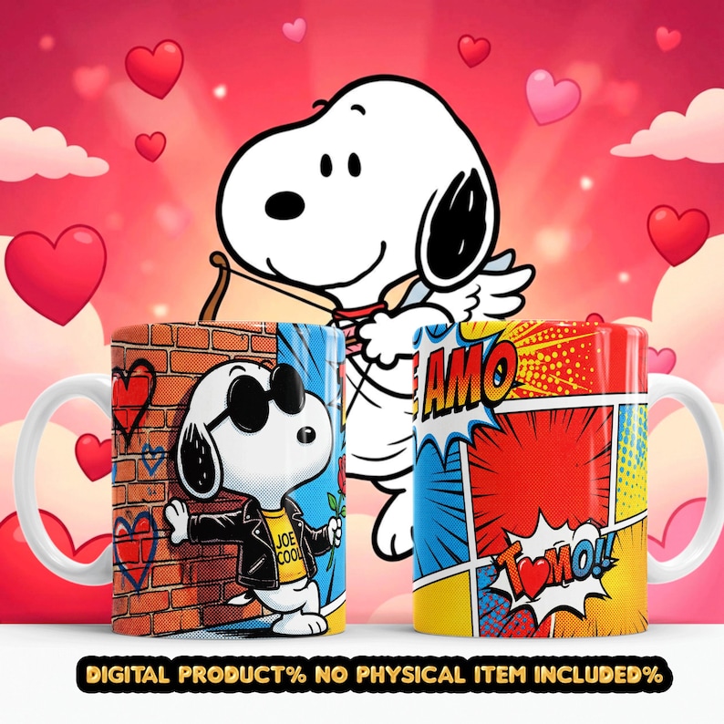 May include: Two white ceramic mugs with Snoopy designs. One mug features Snoopy in a black leather jacket and sunglasses, with the text "JOE COOL". The other mug has comic book style graphics with the word "AMO". The background is pink with hearts.