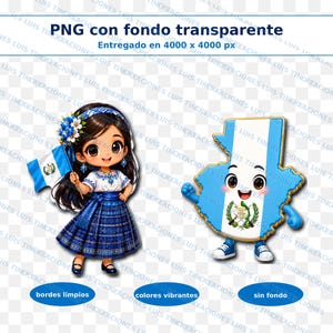 Puede incluir: Una ilustración digital que muestra a un personaje de cabello oscuro largo con un traje bordado azul y blanco sosteniendo una bandera de Guatemala, junto a un mapa animado de Guatemala con cara, brazos y piernas, mostrando el escudo nacional.