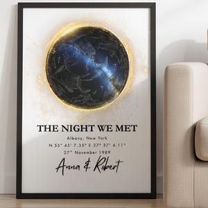 May include: Framed print with a black border. The artwork features a celestial sphere with a blue and black galaxy design, encircled by a golden glow. Text reads "THE NIGHT WE MET," location, date, and names.