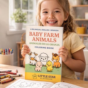 May include: A child holds a bilingual English-Spanish colouring book titled "Baby Farm Animals". The cover shows cartoon farm animals. Open pages display black and white illustrations ready for colouring.