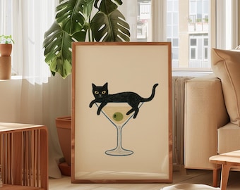 Martini Art Print | Black Cat Wall Art | Cocktail Kitchen Decor | Cat Lover Gift | Modern Art | Bar Cart Art | Cocktail Art | Cat Lover Gift