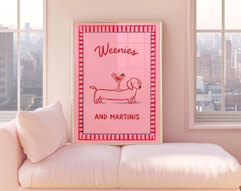 Sztuka ścienna z jamnikiem | Sztuka ścienna z koktajlem | Wystrój kuchni | Zabawna ilustracja psa | Sztuka na barze | Różowa sztuka do salonu | Pobieranie cyfrowe
