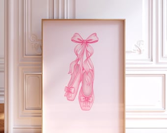 Pink Ballet Shoes Art | Girly Ballet Decor | Ballerina Room Print | Pink Bow Art | Nursery Wall Art | Dance Studio Decor | Digital Download