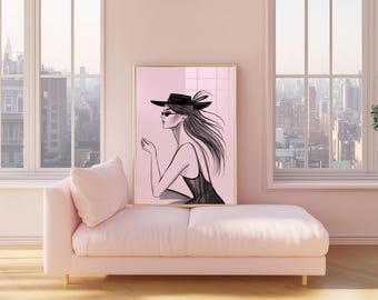 Fashion Illustration Wall Art | VOGUE print | Pink Poster | Chic Line Art | Modern Minimalist Decor | Feminine Artwork | Pink Bedroom Art