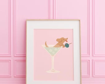 Sztuka koktajlowa Martini | Różowa sztuka ścienna | Grafika z jamnikiem | Uroczy plakat koktajlowy | Wystrój baru | Sztuka do kuchni i jadalni | Pobieranie cyfrowe