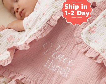 Coperta personalizzata con nome per neonato e motivo floreale, coperta estiva in cotone ricamata per neonato, coperta in mussola con bordo a volant, regalo per baby shower, regalo per neonato