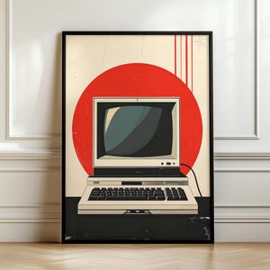 Retro Computer Poster – Vintage PC Illustration mit roter Sonne | Minimal Tech Wall Art | Mid Century Style Print