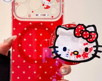 Niedliche Hello Kitty Red Star MagSafe Hülle & Shaker Grip Charm, Kawaii 3D Hülle iPhone 17 16 15 14 13 Pro Max, Y2K Coquette Aesthetic Gift Set