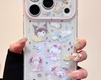 Niedliche Hello Kitty iPhone 17 16 15 14 13 Pro Max Hülle Kawaii Sanrio Sleepy Theme Pink Cover Coquette Perlen Charm Kamera Schutz Geschenk