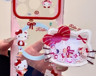 Magsafe Niedliche Winter Hello Kitty Shaker Hülle, Glitzer Schnee Spiegelhülle iPhone 17 16 15 14 13 Pro Max, Kawaii Weihnachtsgeschenk, Beweglicher 3D-Griff