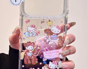 Süße Cowboy Hello Kitty Hülle, Glitter Cowgirl Pferd Abdeckung iPhone 17 16 15 14 13 Pro Max, Kawaii Western Aesthetic Geschenk, Y2K Klares Funkeln