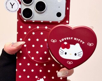 Rote Hello Kitty MagSafe Hülle mit magnetischem Herzgriff, Polka Dot Hülle iPhone 17 16 15 14 13 Pro Max, niedliches mattes burgunderrotes Kokette Geschenk