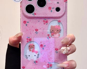 Niedliche Rosa Glitter Hello Kitty Floral Handyhülle mit Charme, Kokette ästhetische Abdeckung für iPhone 17 16 15 14 13 Pro Max, Y2K Geschenk für Sie