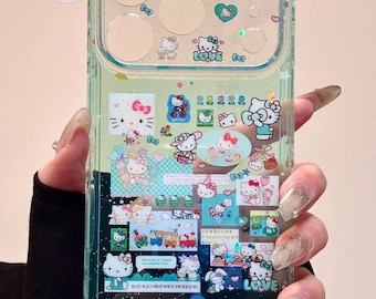 Grün Hello Kitty Glitter Collage Hülle & Stern Anhänger, Weiche TPU Abdeckung iPhone 17 16 15 14 13 Pro Max, niedliches Kawaii Kokettes Geschenk y2case