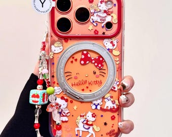 Niedliche Hello Kitty Plüschhülle, 3D Gefüllte Fairy Doll Cover iPhone 17 16 15 14 13 Pro Max, Kawaii Rosa gestepptes Herz Kokette Geschenk