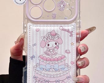 Kawaii Rosa Erdbeerkuchen My Melody Case Coquette Bow 3D Glitter Lens Cover iPhone 17 16 15 14 13 Pro Max, niedlicher Charme Geschenk für Sie