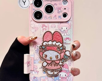 Niedliche My Melody Lederhülle für Klavier, bestickte 3D-Klappständer iPhone 17 16 15 14 13 Pro Max, Kawaii Pink Bunny Kokettes ästhetisches Geschenk