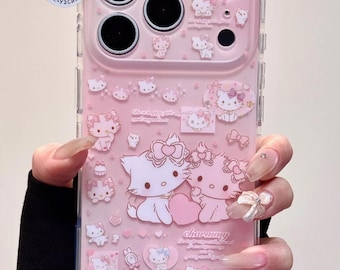 Rosa Hello Kitty kokette iPhone 17 16 15 14 13 Pro Max Hülle Kawaii Kätzchen Schleife Charme ästhetische Abdeckung Glitzer Stern Kamera Schutz Geschenk