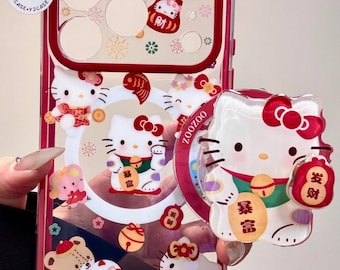 Lucky Hello Kitty MagSafe Case mit Fortune Grip & Charm, Rote CNY Hülle iPhone 17 16 15 14 13 Pro Max, Kawaii Lunar New Year Reichtum Geschenk