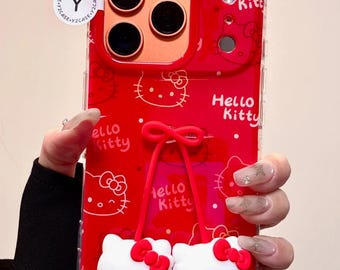 3D Hello Kitty Kirschrot Hülle iPhone 17 16 15 14 13 Pro Max, niedliche Kawaii Kokette Schleife Silikonhülle, Perlenanhänger Geschenk für Her y2case