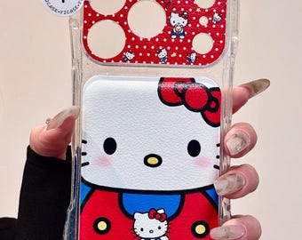Hello Kitty Rote Lederhülle mit Katzenohren, Klare Glitter Hülle iPhone 17 16 15 14 13 Pro Max, süßes Kawaii Kokette Geschenk y2case